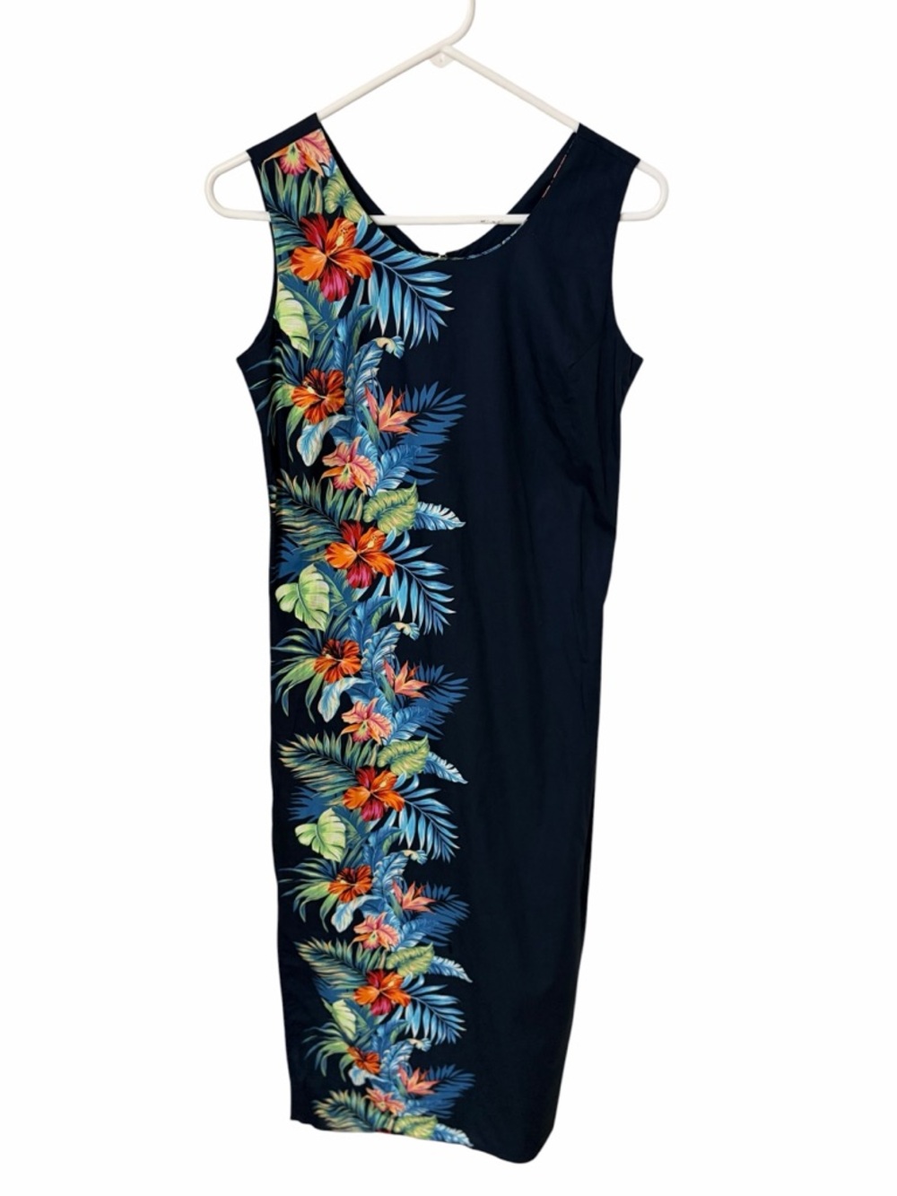 Hawaiian Tropical Floral Midi Dress M Sleeveless Vacation Beach Resort Cotton